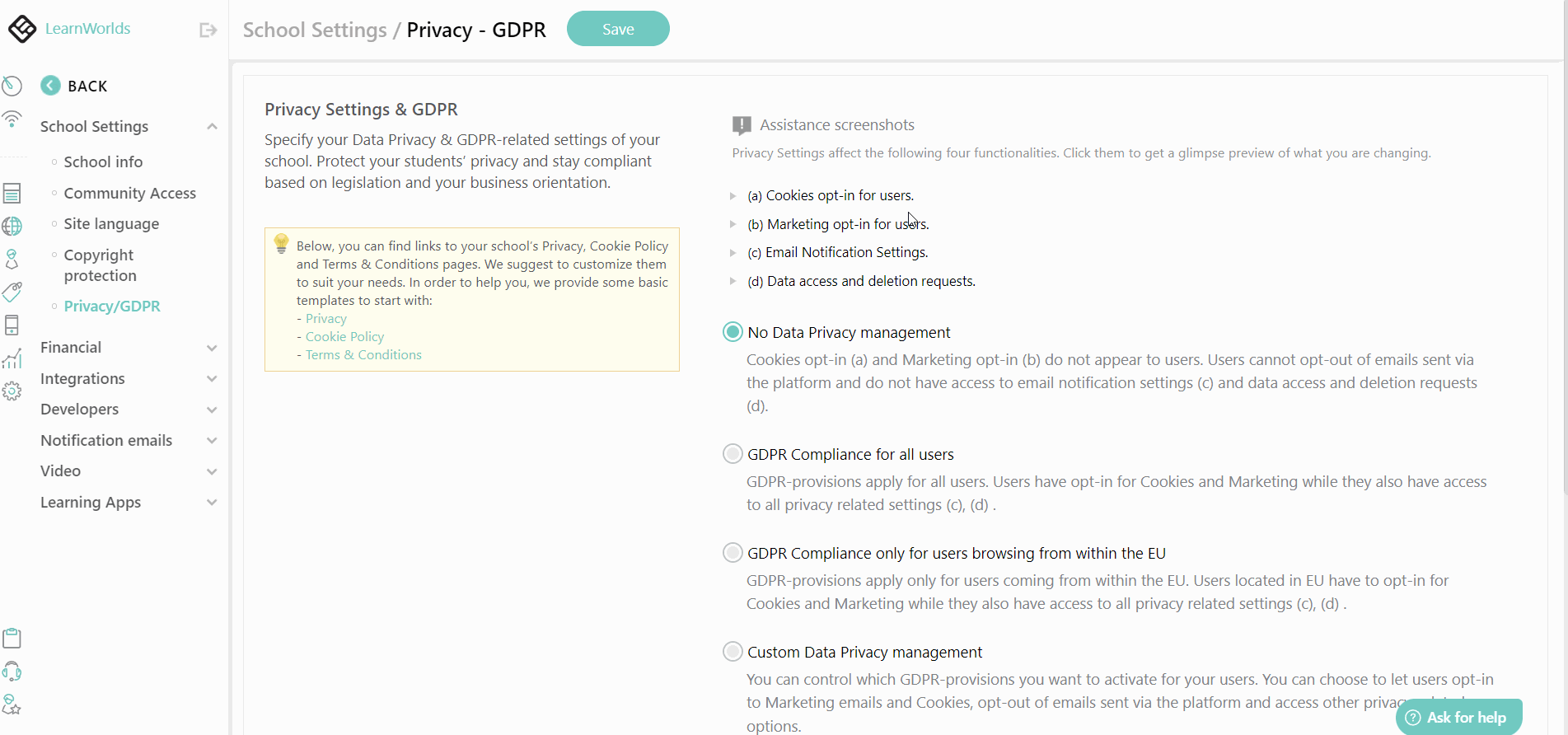 A GIF showing how to access GDPR settings in the LearnWorlds LMS.