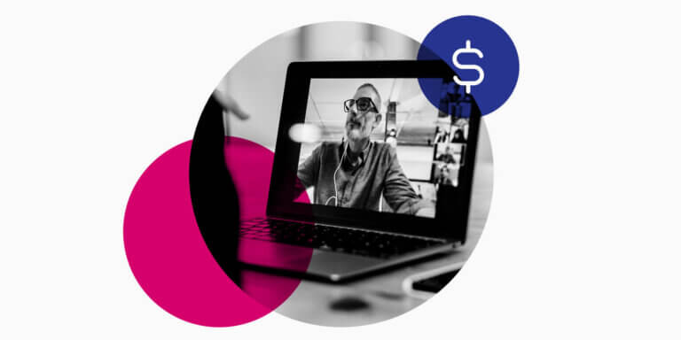 A visual showing a man inside a laptop screen wearing glasses, talking with others in a call.