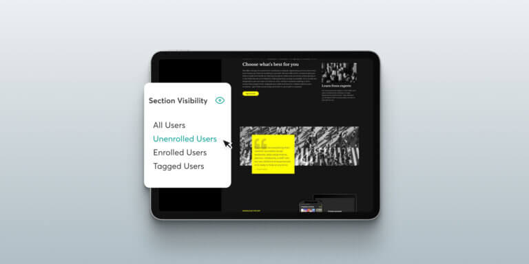 An image showing a tablet that features a section inside the LearnWorlds dashboard and a landing page with a black background