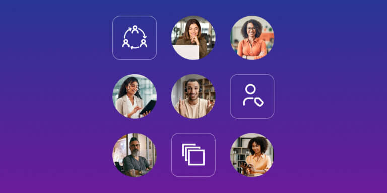 A group of images combining people in professional settings and icons in purple background