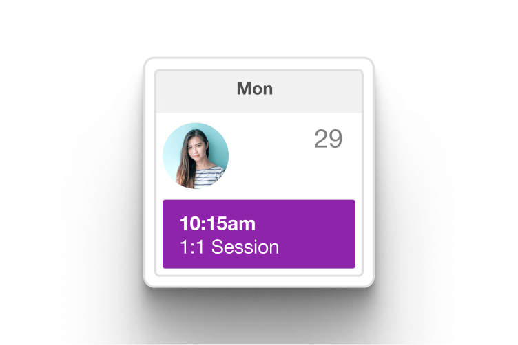 Calendar card showing a scheduled 1:1 session.