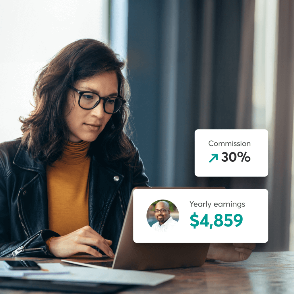 LearnWorlds affiliate program hero with headline ‘Build a branded affiliate program…’ and a person working on a laptop with commission and earnings overlays.