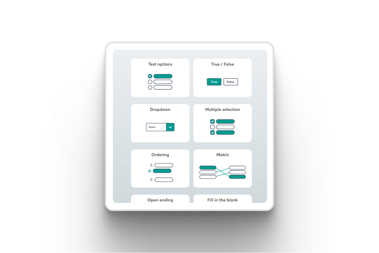 Quiz and form interface tiles representing assessments.