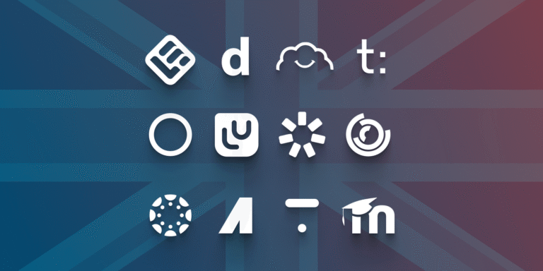 A graph with the British flag as background listing the best LMS logos in the UK.