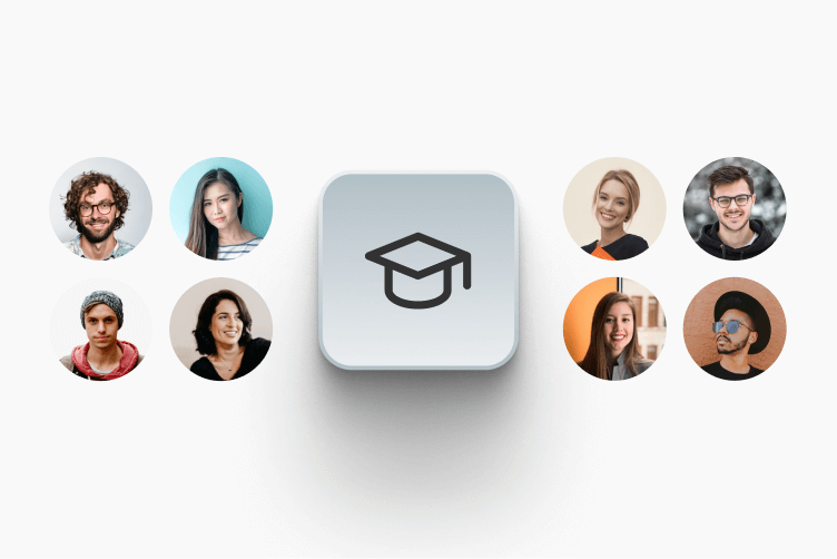 Customer education content library organized by loyalty levels featuring circles with people's faces.