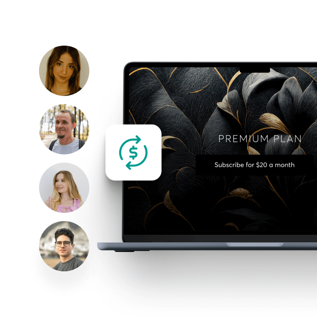 Membership site builder interface with subscription management tools featuring 4 circle icons with people's faces, a dollar icon and laptop screen.