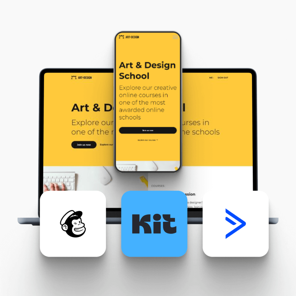 Stacked laptop and mobile screens with three email app/integration icons in front.