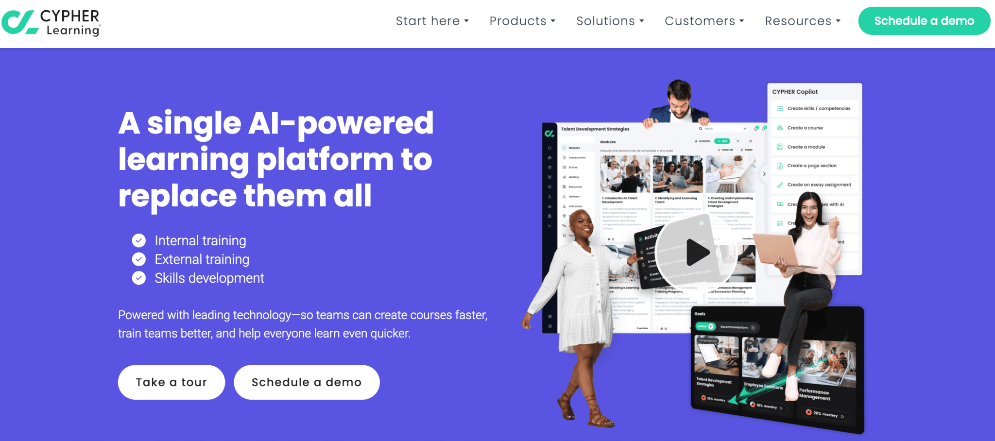 an image of CYPHER LEARNING's landing page showing a man smiling and pointing to a screen
