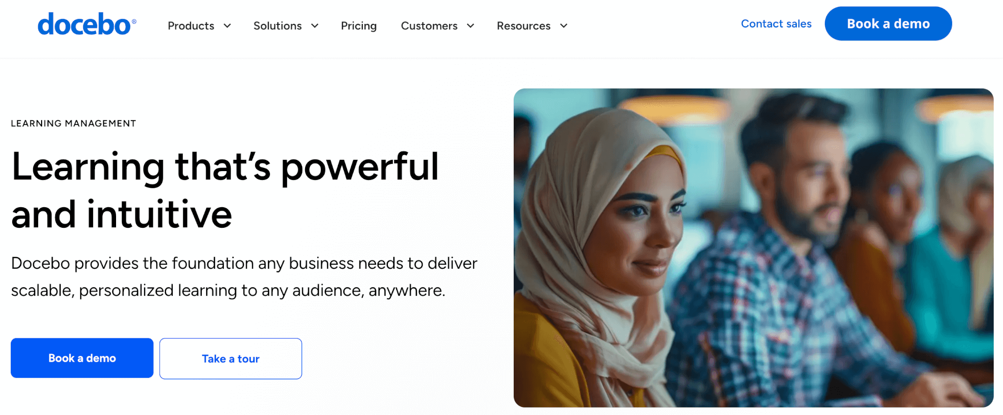 image of Docebo landing page in blue font describing the platform's key features