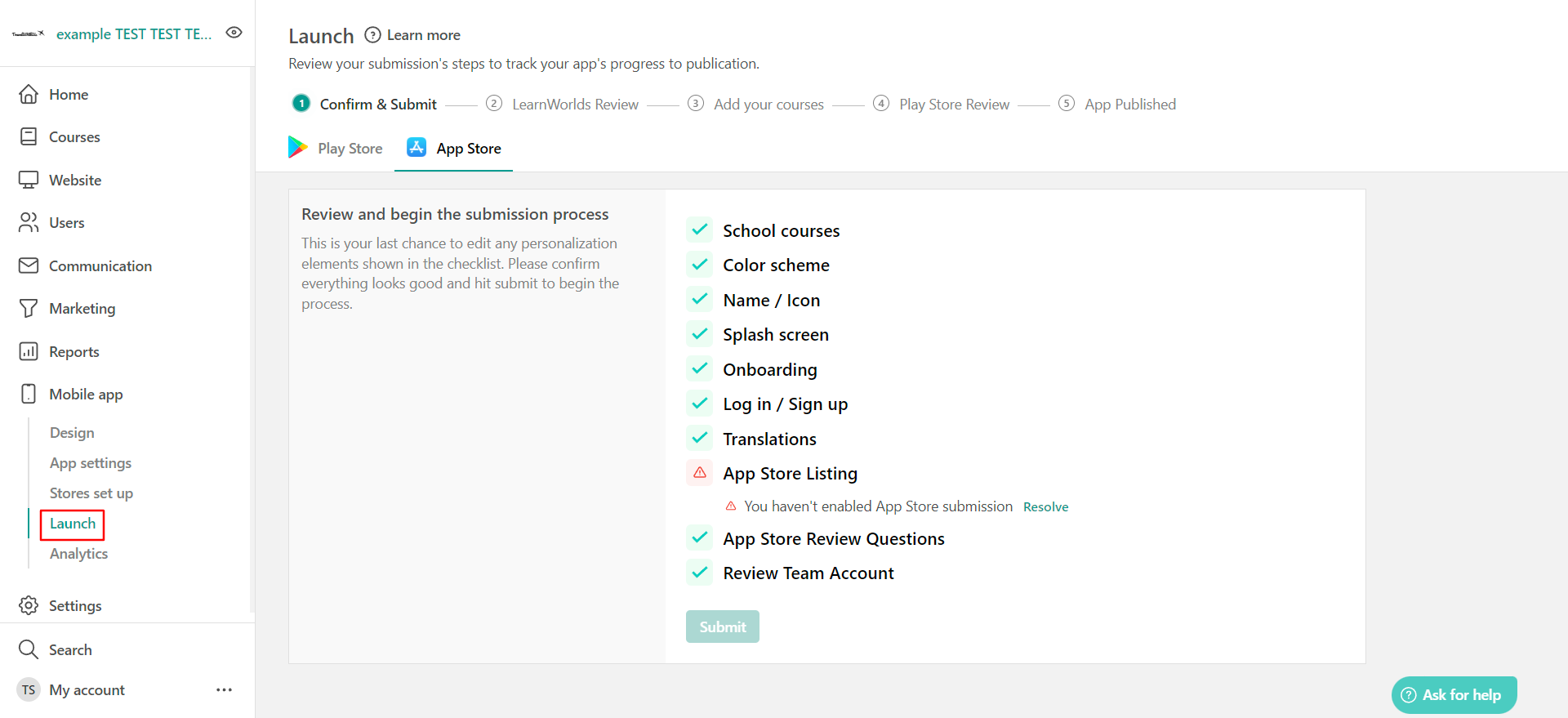 A screenshot showing LearnWorlds' mobile app launch tab inside the dashboard.