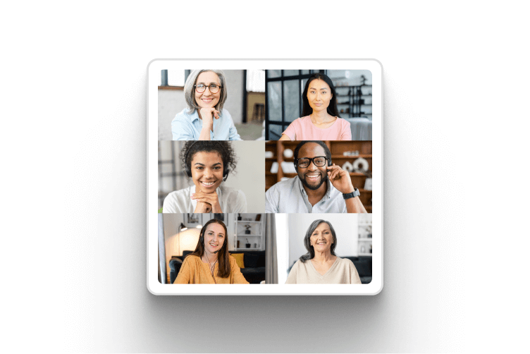 Video call grid showing multiple participants.
