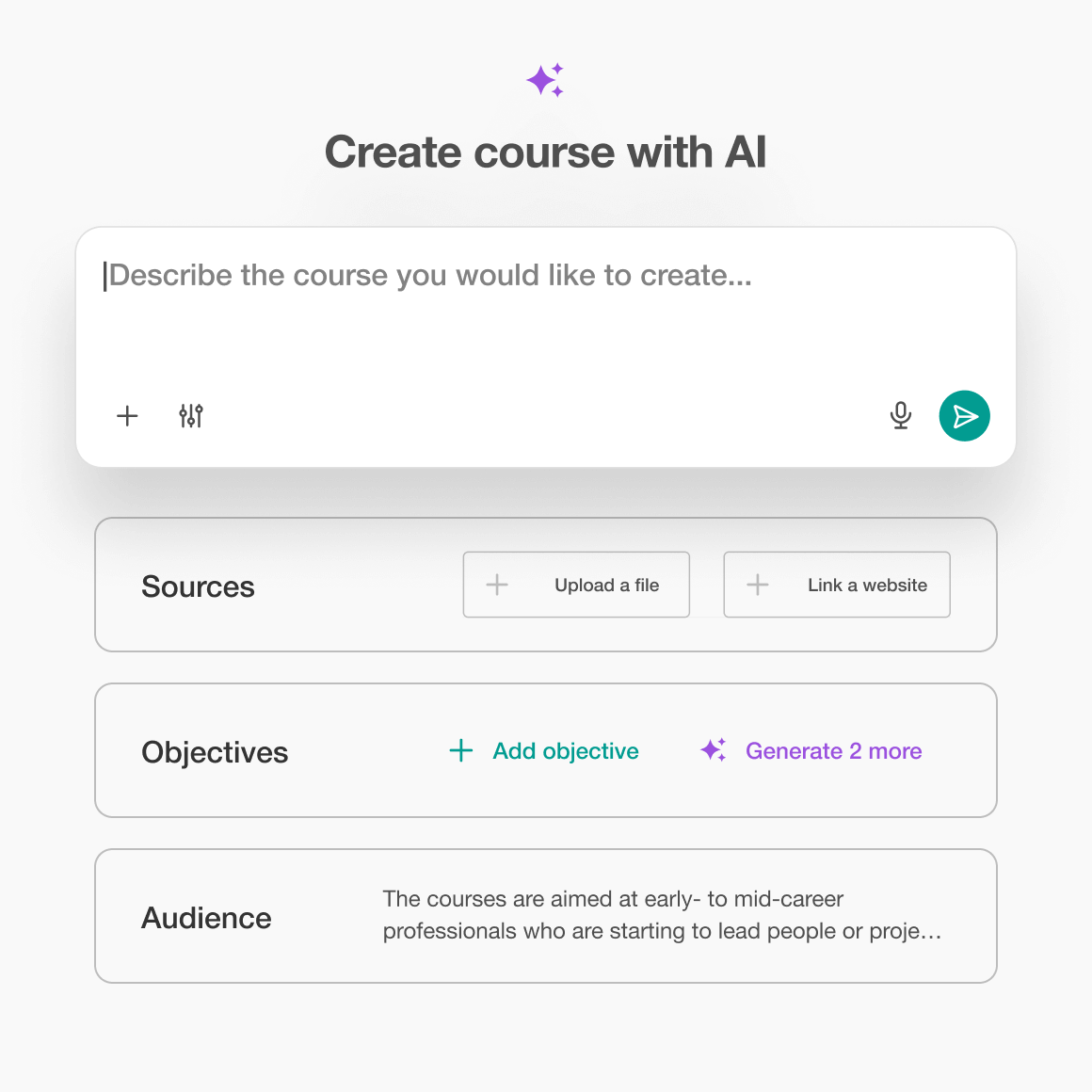 LearnWorlds ‘Create course with AI’ interface showing a prompt field and sections for sources, objectives, and audience.