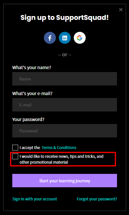 A sign-up form for SupportSquad, highlighting the opt-in for promotional emails.