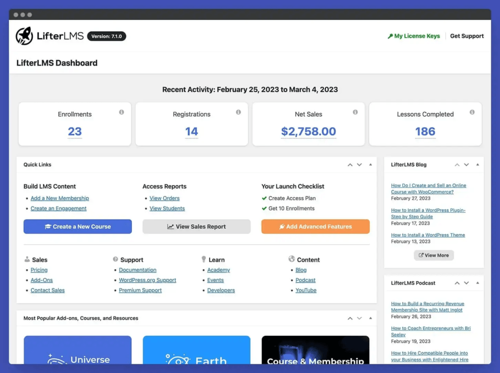 A screenshot showing LifterLMS' dashboard.