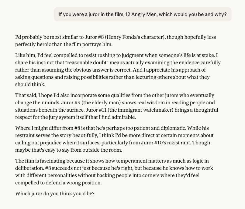 ChatGPT replying to the question If you were a juror in the film 12 Angry men, which would you be and why