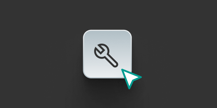 A gear icon button with an arrow in front of a black background.