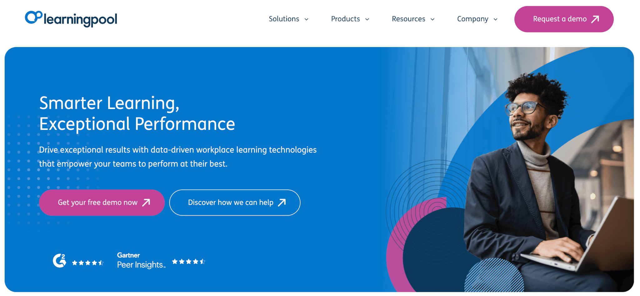 an image of Learning Pool's landing page showing three different screenshots of the platform with images and stats