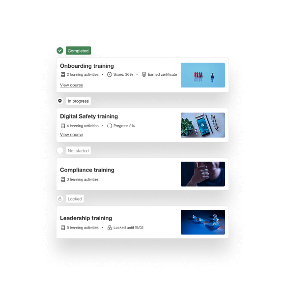 LearnWorlds learning program builder showing structured course paths, prerequisites, and milestone tracking.