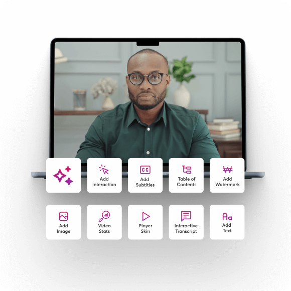 A man showing inside a Macbook and 10 LearnWorlds' video features on top as overlay.