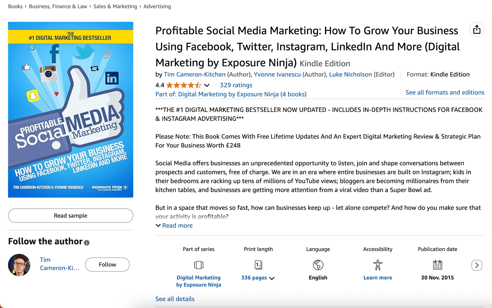 Amazon Kindle eBook listing for 'Profitable Social Media Marketing' showing book cover, title, authors, star rating, price details, and description.
