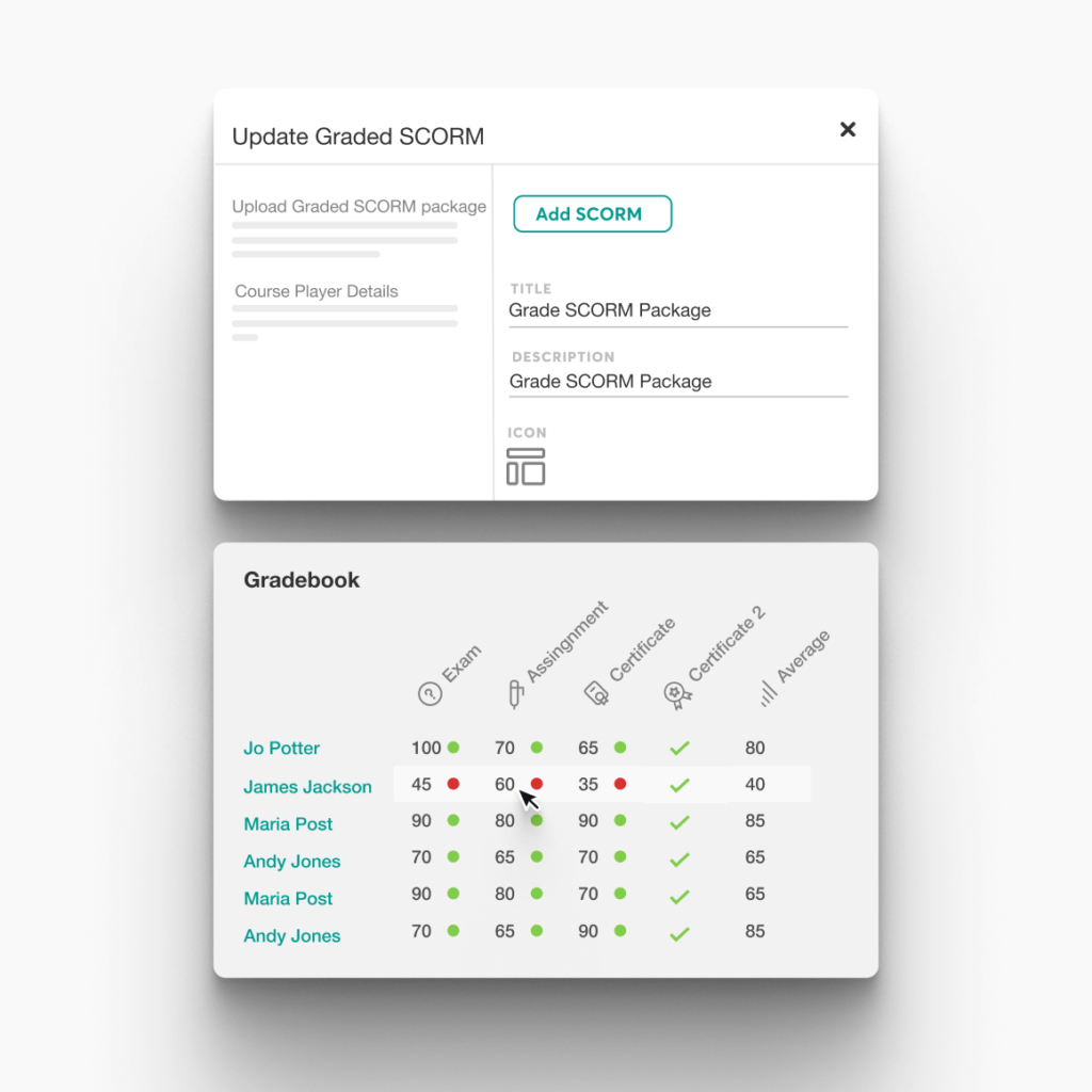 An image showing two tabs inside LearnWorlds dashboard featuring the update graded SCORM option and gradebook.