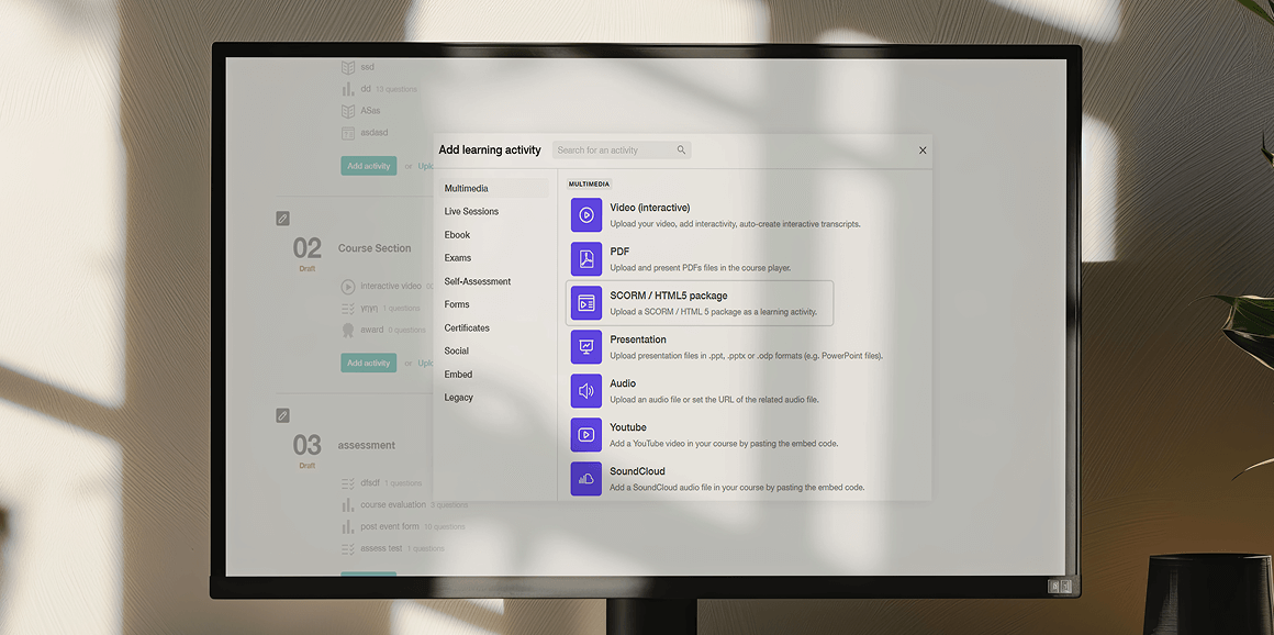 LearnWorlds interface preview showing the learning activities available in the platform.