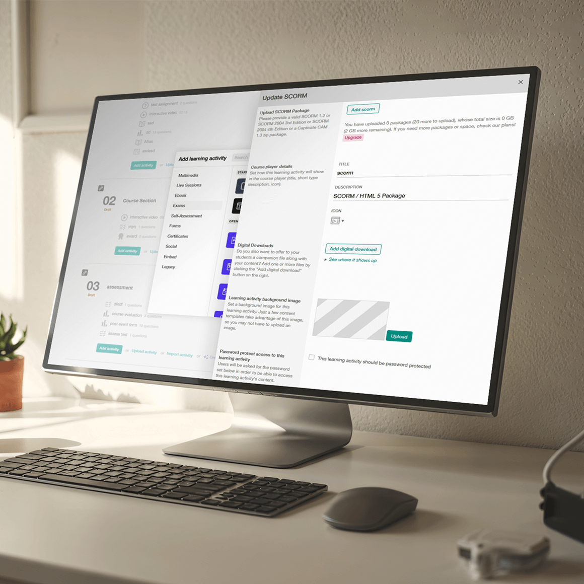 Desktop monitor on a desk displaying LearnWorlds platform interface.