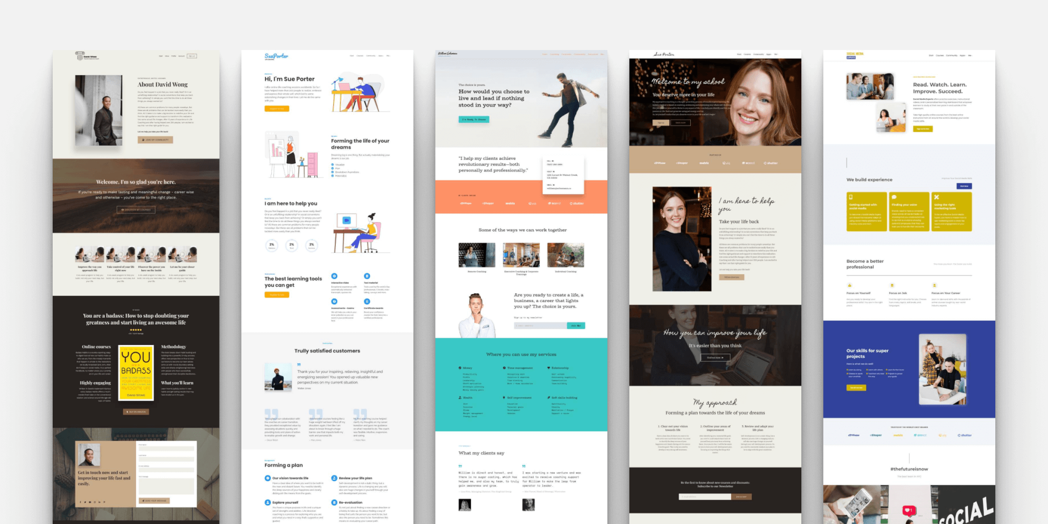Preview collage of multiple coaching website templates showcasing different homepage layouts, sections, and design styles for launching an online coaching program.
