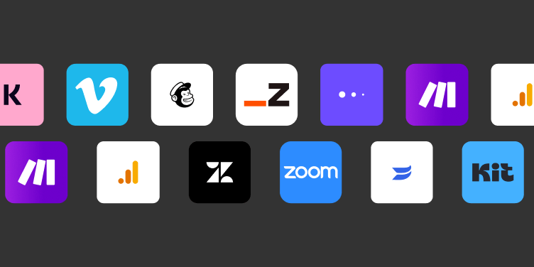 Horizontal row of app/integration logos including Zoom and other tools.