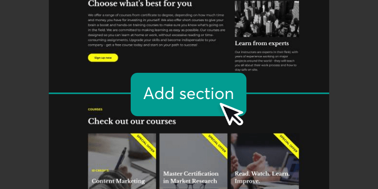 Drag-and-drop page editor with an ‘Add section’ button over a website layout.