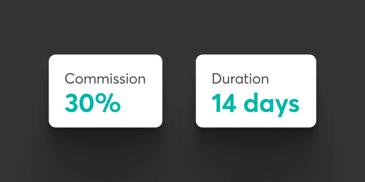 A card describing custom commissions and cookie duration affiliate settings.