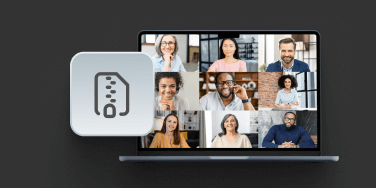 An image showing a laptop screen with people in squares and a zip icon next to it on a black background.