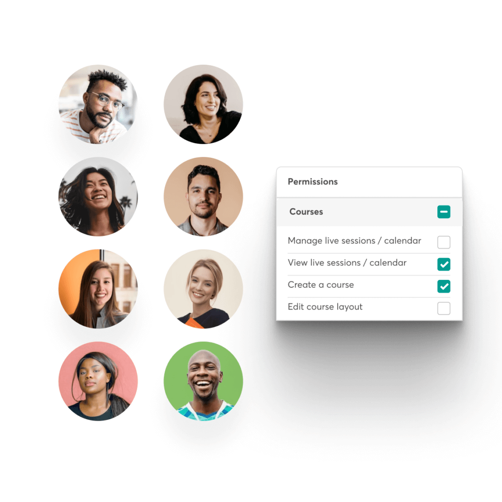 Team member profile photos with course permissions management panel
