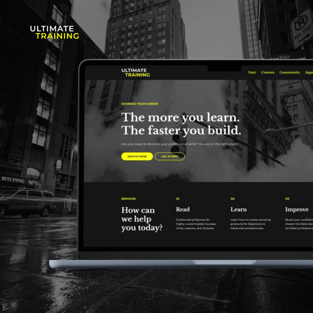 LearnWorlds site builder showing brand customization with logos, fonts, and color options.