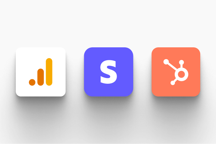 Integration panel connecting HubSpot CRM, Stripe payments, and Google Analytics.