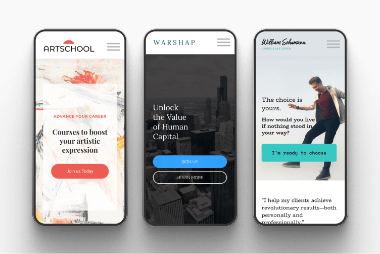 Branded mobile app screens on iOS and Android with custom name, logo, and colors.