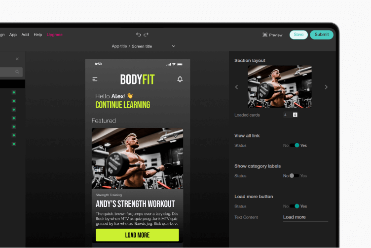 No-code app builder interface with drag-and-drop components for a branded training app.