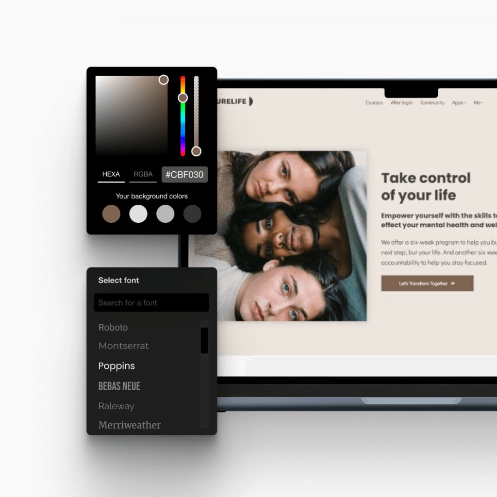 Customized course player, assessment screen, and landing page within a branded LMS.