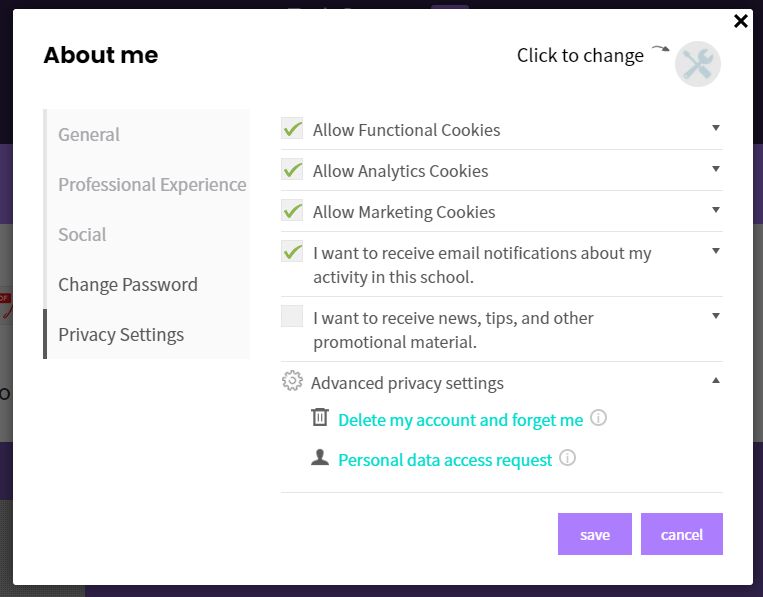 A user’s cookie settings on the LearnWorlds website.