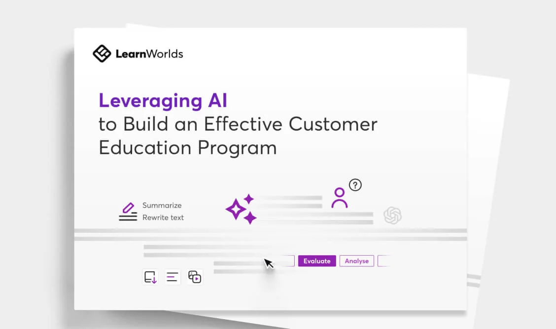 LearnWorlds presentation slide (object) displays a large headline and interface elements (action) on a white, purple-accented layout with icons and...