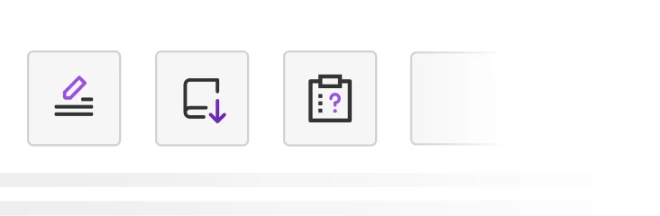 Three square toolbar buttons display icons: a purple pencil over lines, a folded-corner square with a downward arrow, and a clipboard with a purple...