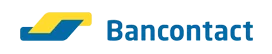 Bancontact logo: stylized yellow-and-blue diagonal parallelogram sits left of blue "Bancontact" wordmark on a white background.