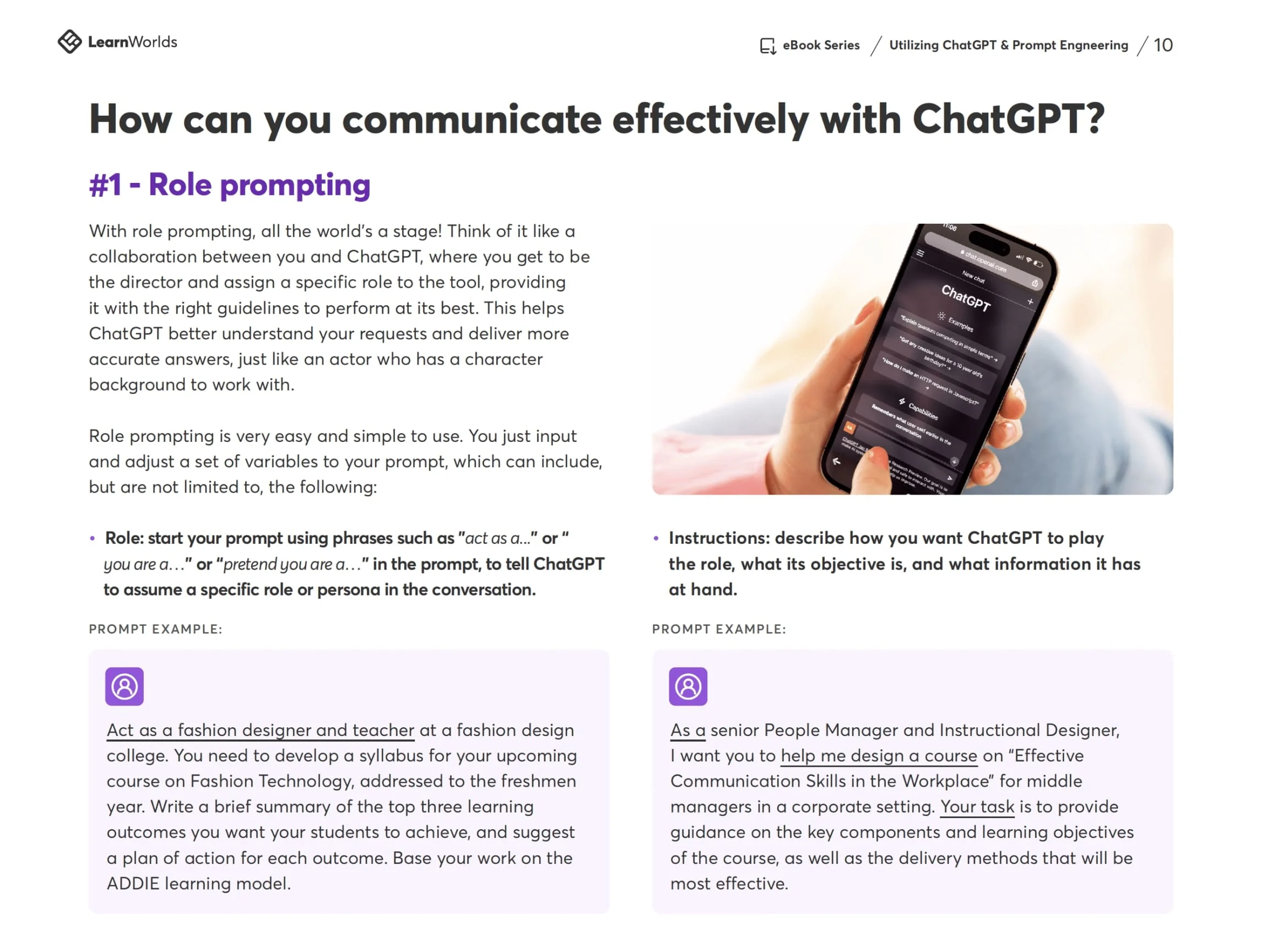 Document page explains role prompting: describes assigning roles to ChatGPT, gives guidance and two prompt examples, beside a photo of a person...