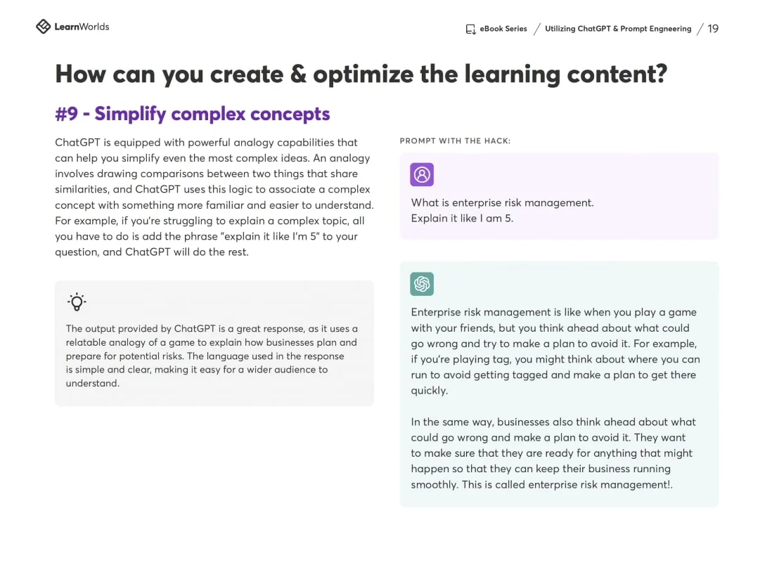 Page heading "How can you create & optimize the learning content?" presents section "#9 - Simplify complex concepts" with explanatory text, a grey...