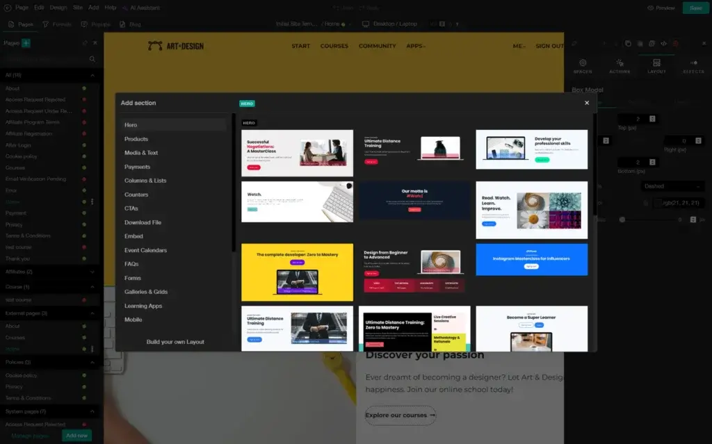 Website builder feature card for designer assets that features LearnWorlds editor interface with widgets and design elements.