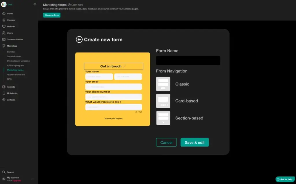 Website builder feature card for form builder showing the window to create new form modal.