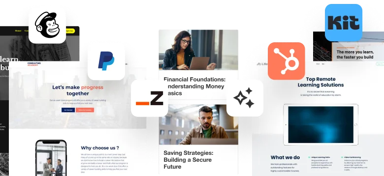 Collage of website thumbnails and app logos overlapping on a dark background; tiles show people using laptops and page layouts for learning, finance,...