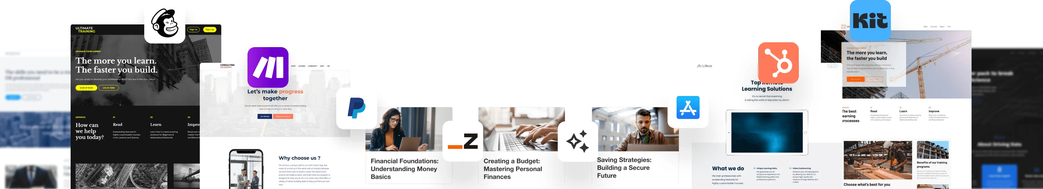 Collage of website mockups and app logos, showing course cards and desktop page previews arranged horizontally over a dark background.
