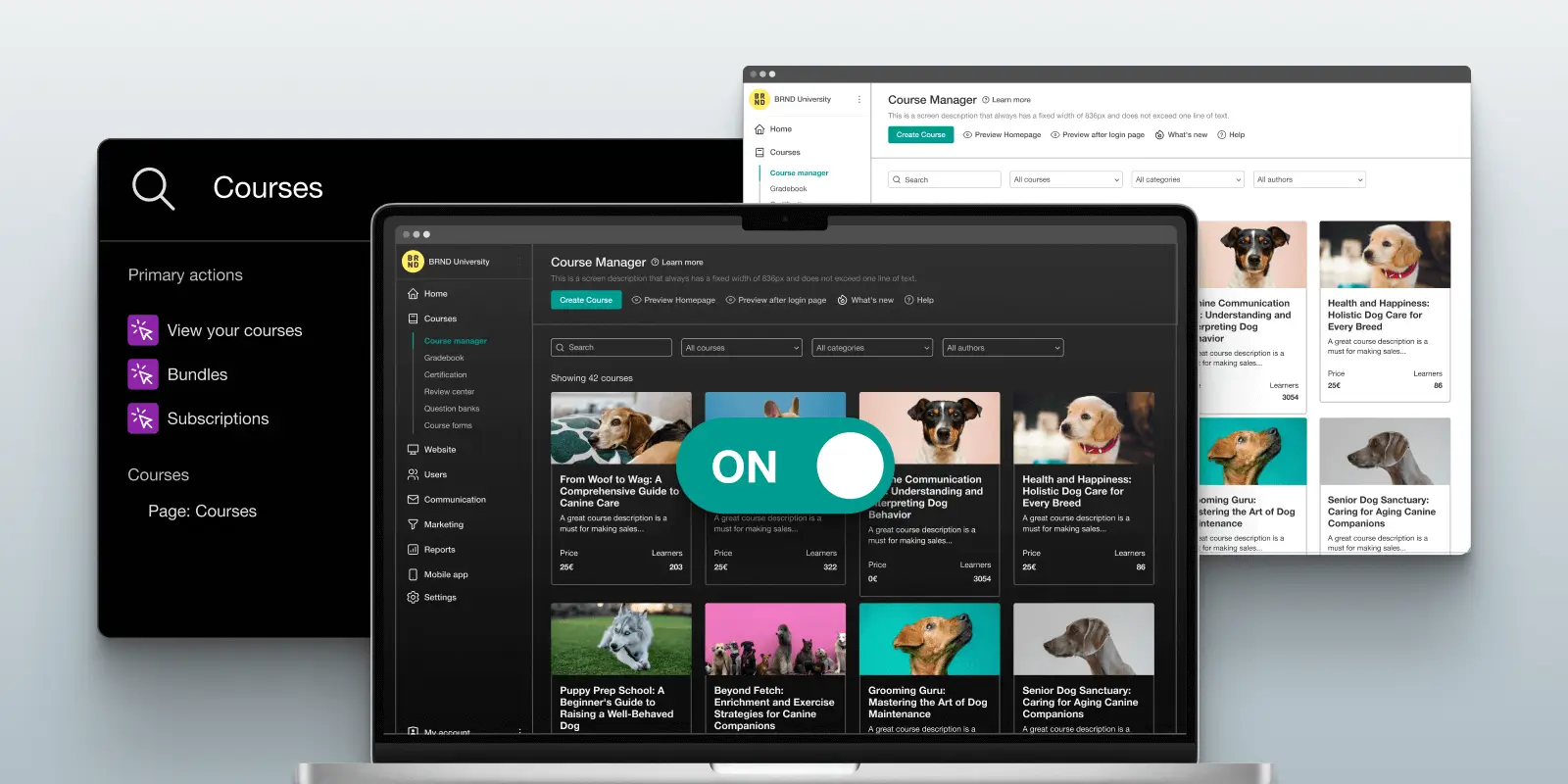 A screenshot showing LearnWorlds platfom interface and course management page.