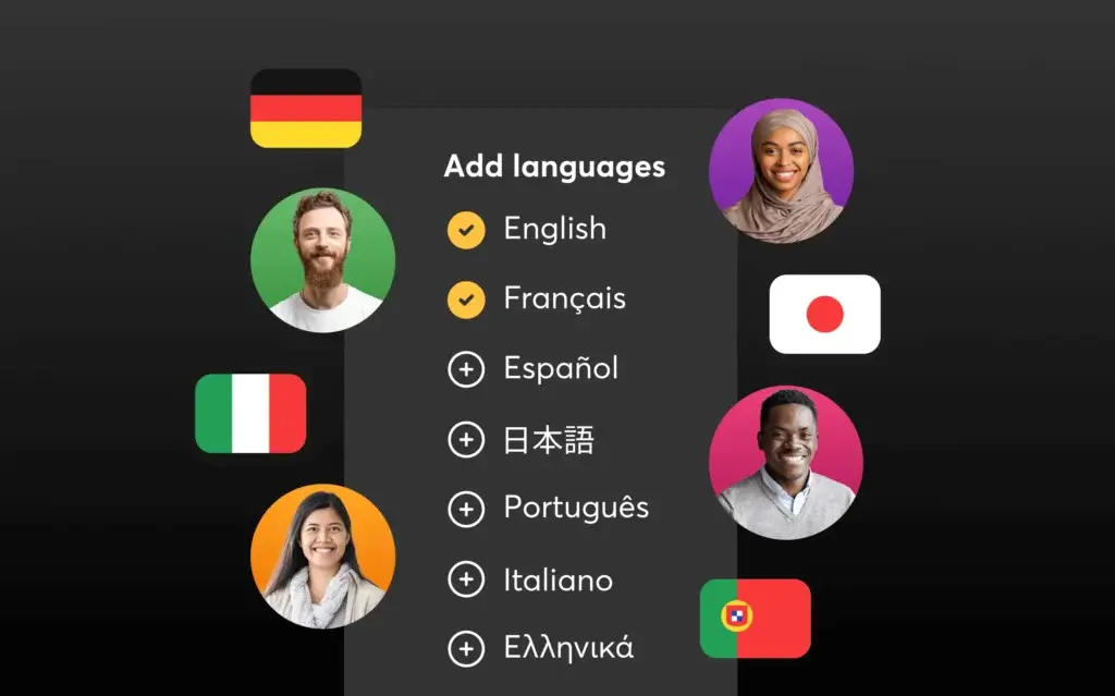 Website builder feature card showing multilingual capabilities with language flags and learner avatars.